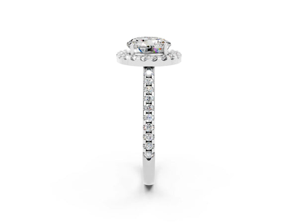 Platinum Round Cut Moissanite Pavé Halo Ring with Four-Prong Setting