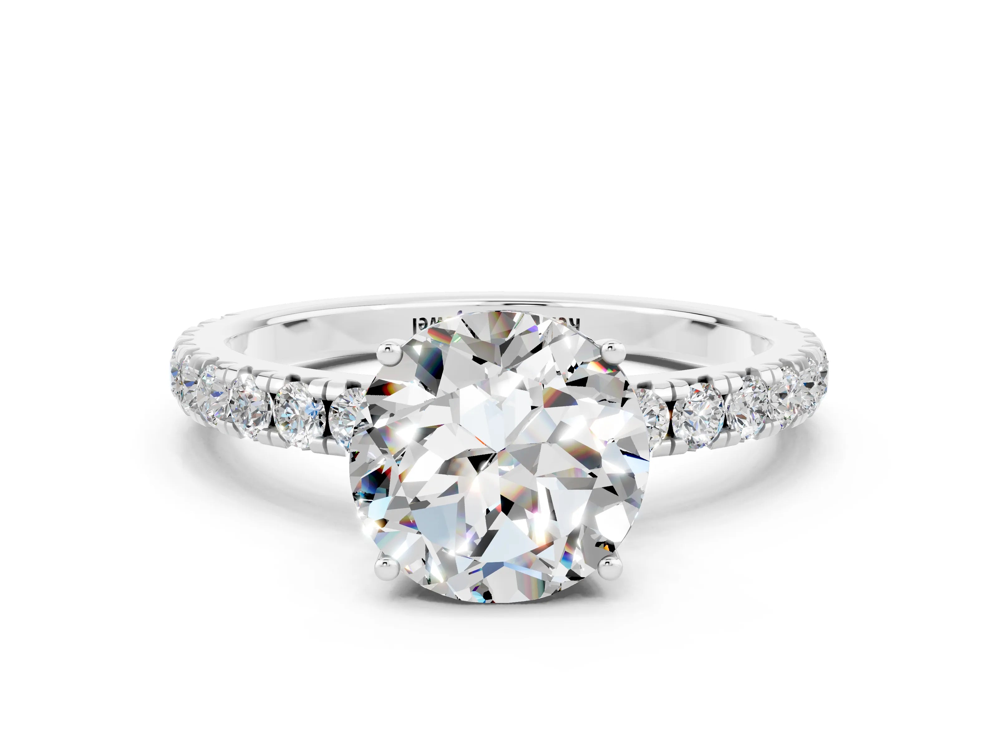 White gold Round Cut Moissanite Pavé Solitaire Engagement Ring with Four-Prong Setting_12