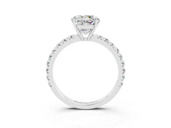 Platinum Round Cut Moissanite Pavé Solitaire Engagement Ring with Four-Prong Setting