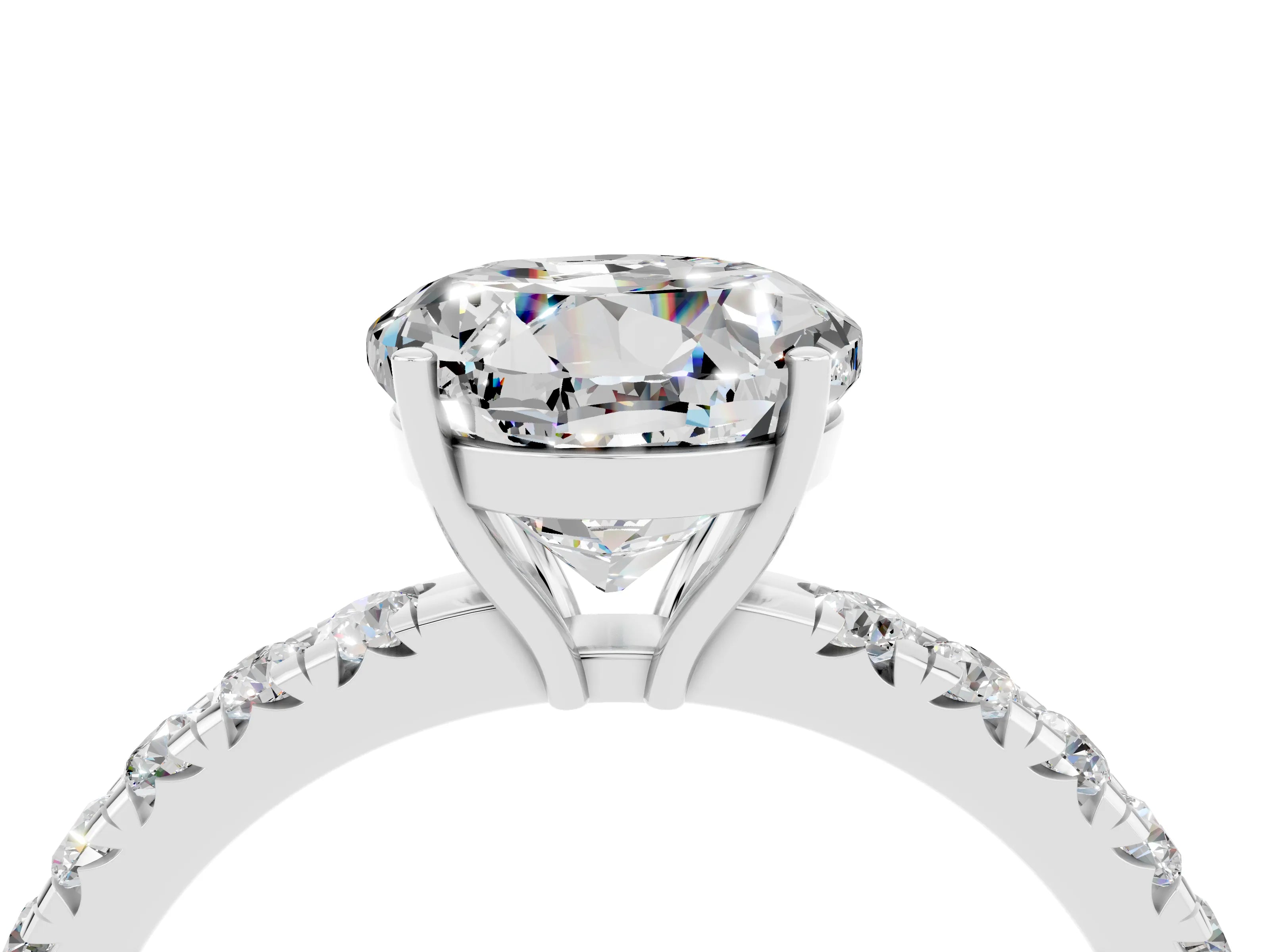 White gold Round Cut Moissanite Pavé Solitaire Engagement Ring with Four-Prong Setting_16
