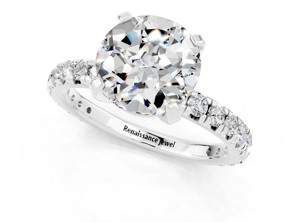 White gold Round Cut Moissanite Pavé Solitaire Ring with Round Band and Prong Setting