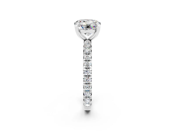 Platinum Round Cut Moissanite Pavé Solitaire Ring with Round Band and Prong Setting