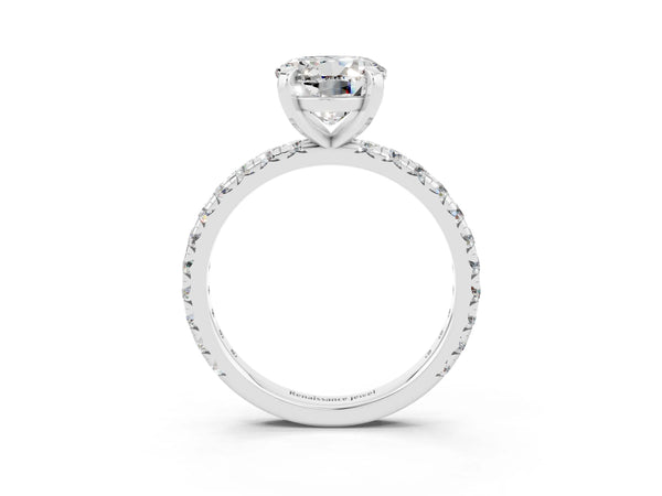 Platinum Round Cut Moissanite Pavé Solitaire Ring with Round Band and Prong Setting