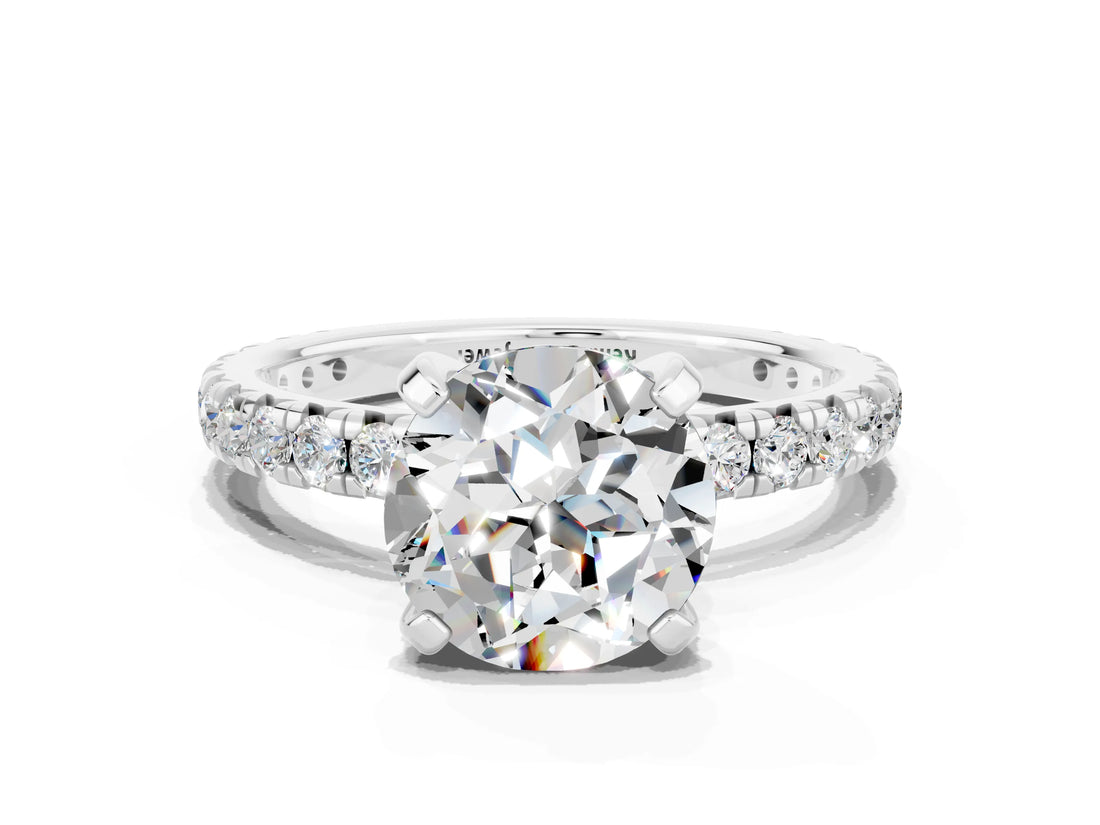 White gold Round Cut Moissanite Pavé Solitaire Ring with Round Band and Prong Setting_36