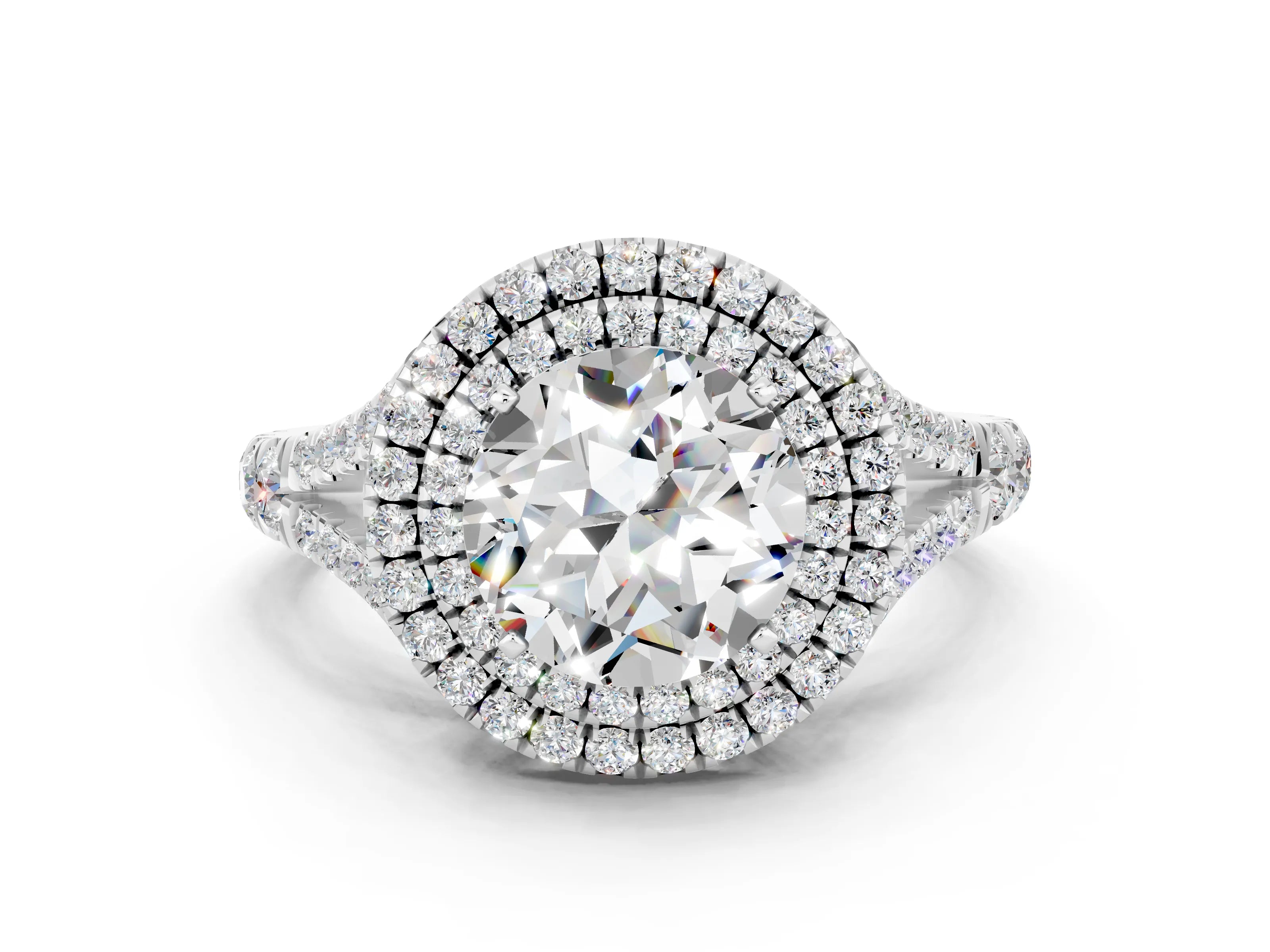 White gold Round Cut Moissanite Pavé Split Shank Double Halo Engagement Ring