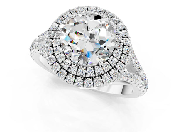 Platinum Round Cut Moissanite Pavé Split Shank Double Halo Engagement Ring