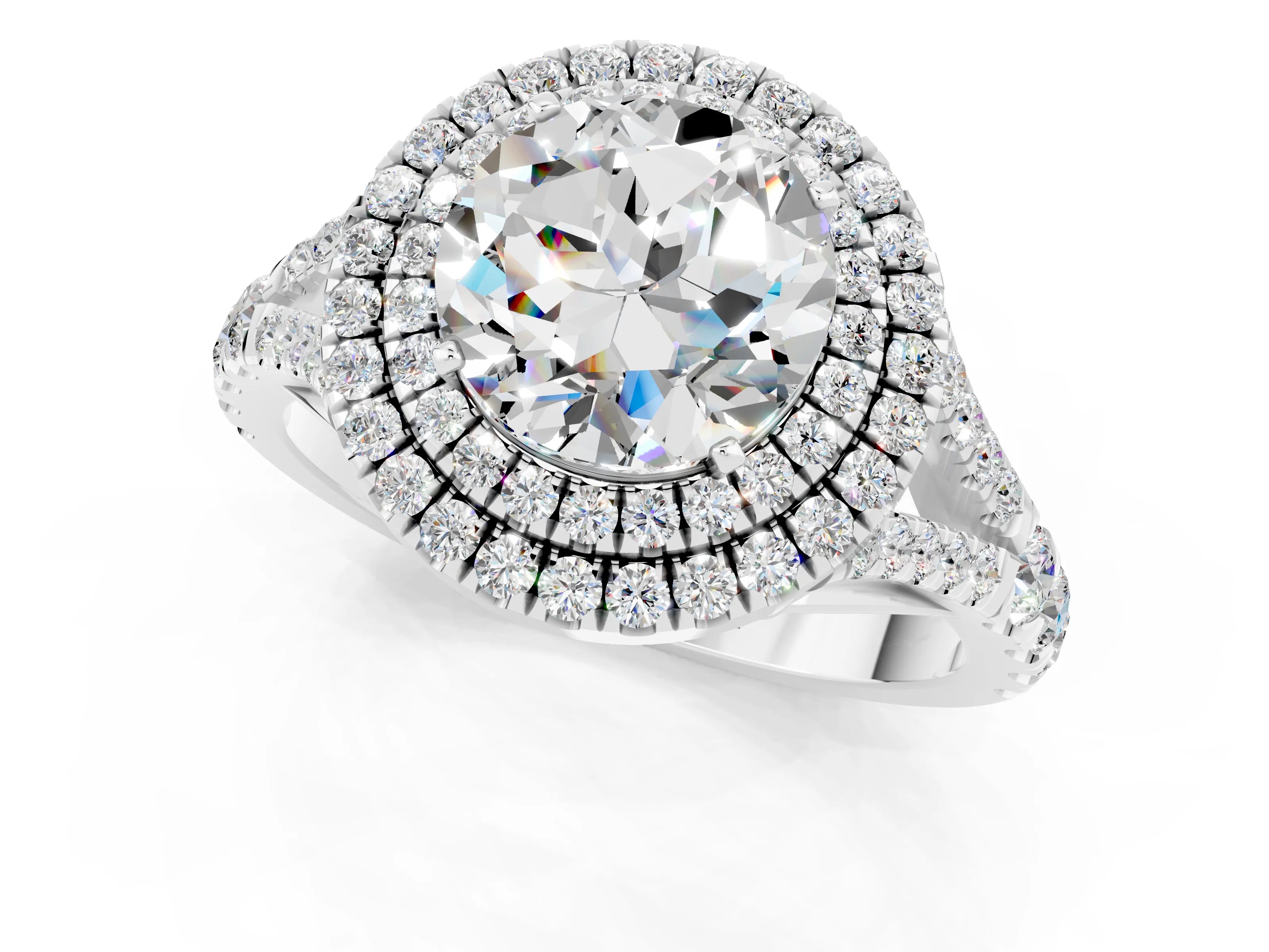 White gold Round Cut Moissanite Pavé Split Shank Double Halo Engagement Ring_1