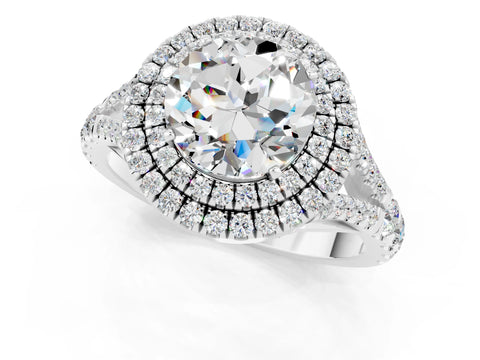 White gold Round Cut Moissanite Pavé Split Shank Double Halo Engagement Ring_1