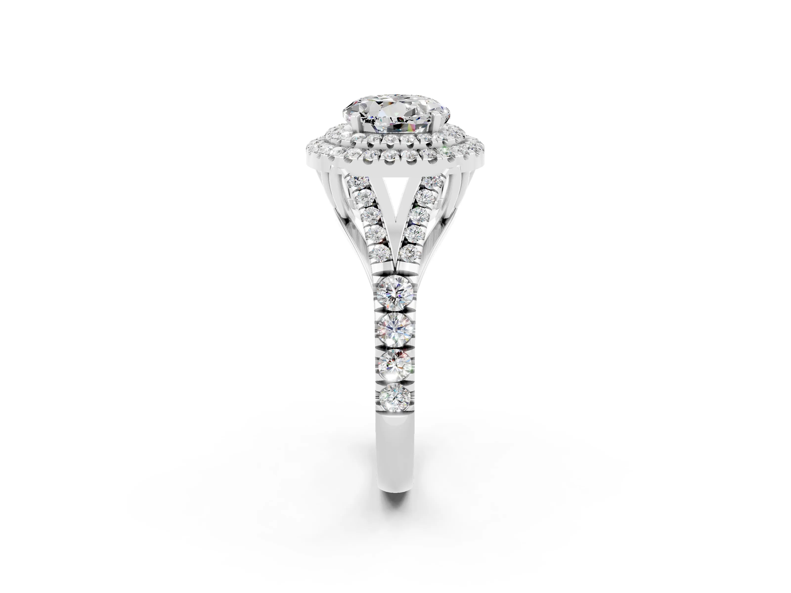 White gold Round Cut Moissanite Pavé Split Shank Double Halo Engagement Ring_2