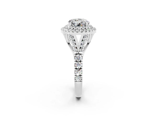 Silver Round Cut Moissanite Pavé Split Shank Double Halo Engagement Ring