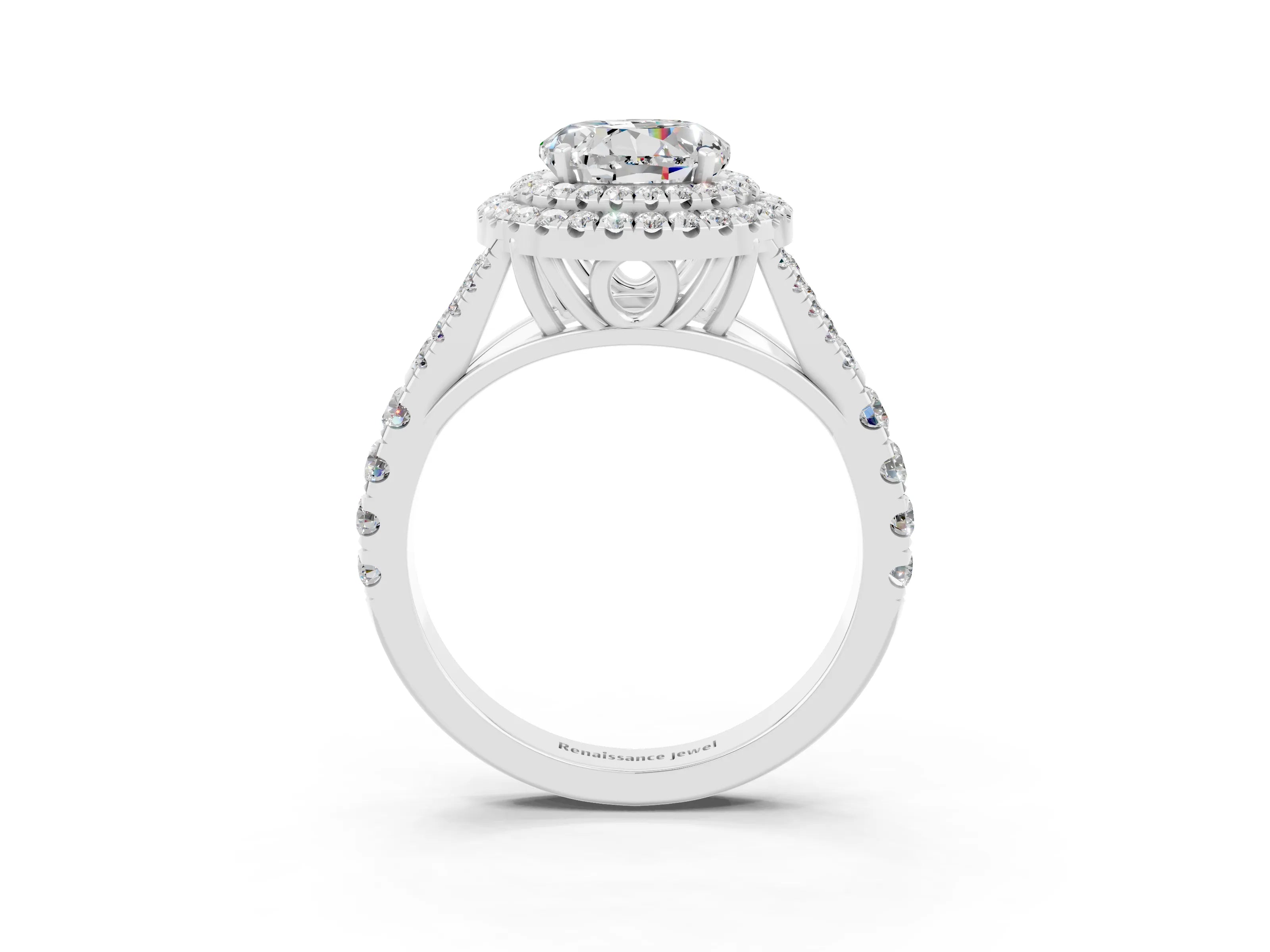 White gold Round Cut Moissanite Pavé Split Shank Double Halo Engagement Ring_3