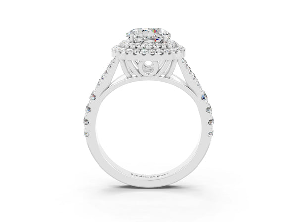 White gold Round Cut Moissanite Pavé Split Shank Double Halo Engagement Ring