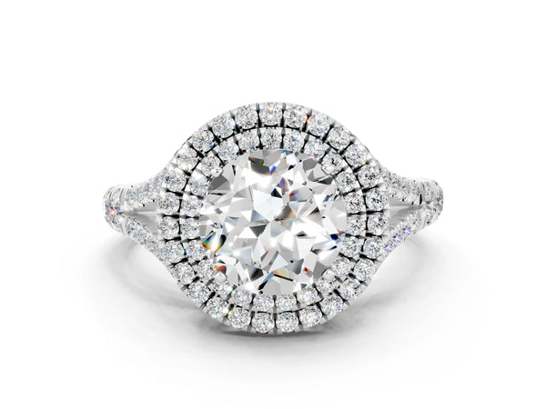 White gold Round Cut Moissanite Pavé Split Shank Double Halo Engagement Ring