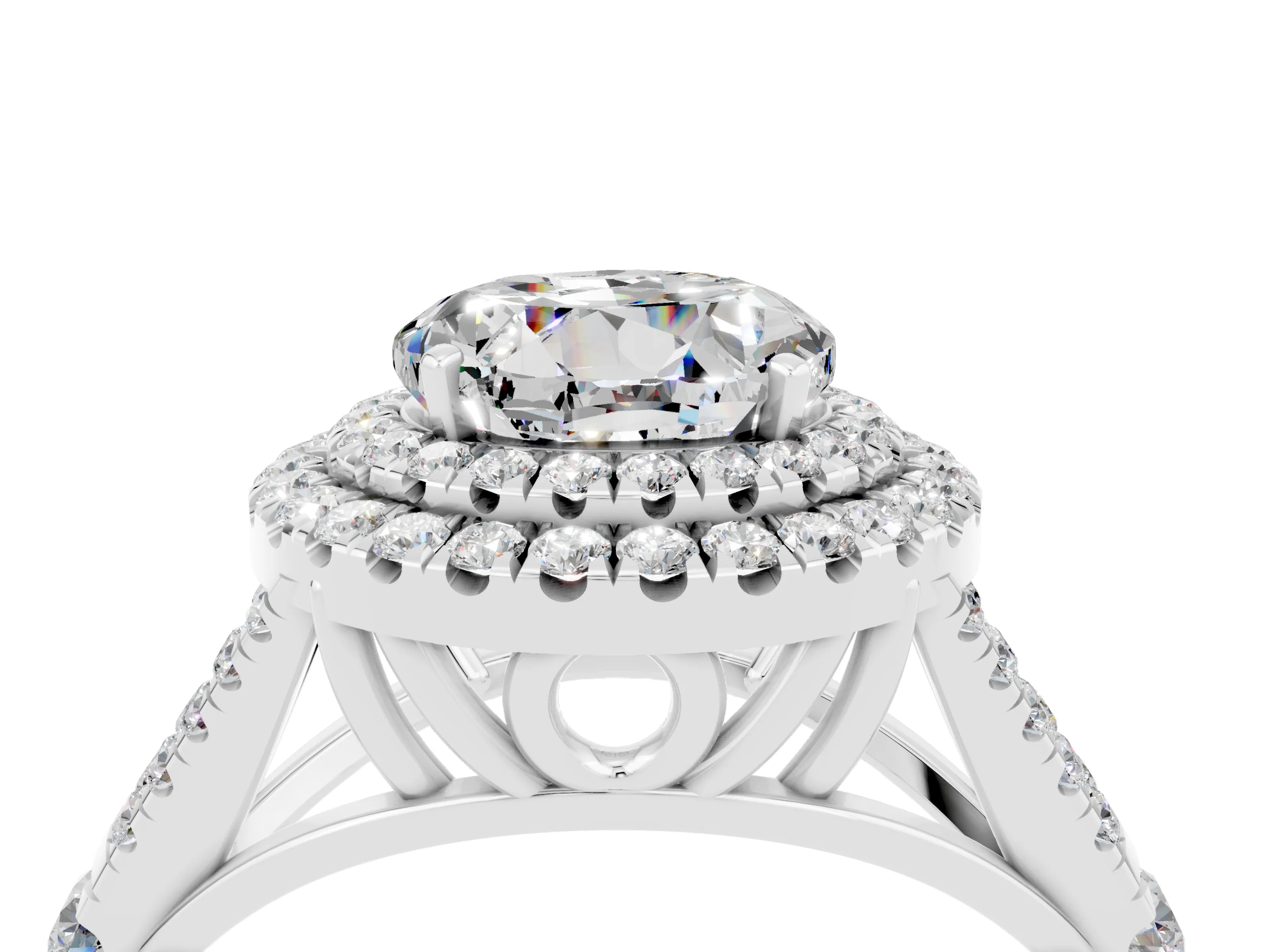 White gold Round Cut Moissanite Pavé Split Shank Double Halo Engagement Ring_4