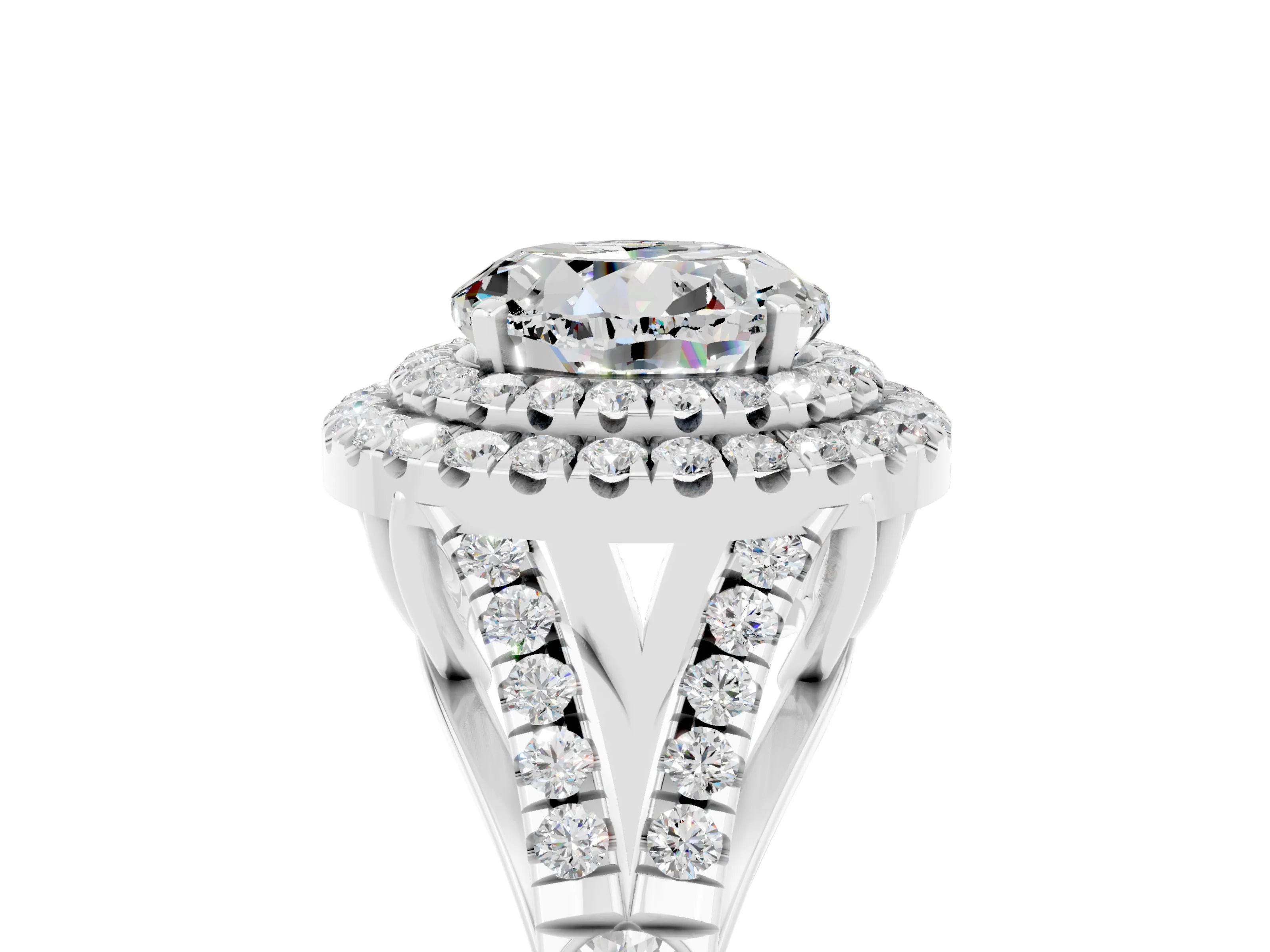 White gold Round Cut Moissanite Pavé Split Shank Double Halo Engagement Ring_5