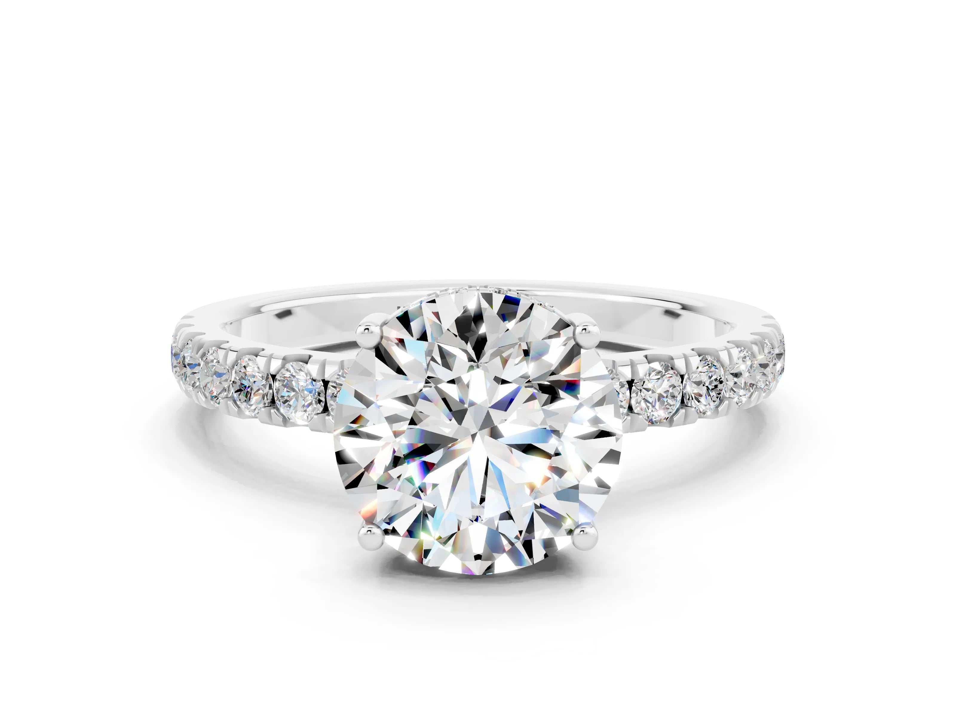 White gold Round Cut Moissanite Pave Band Solitaire Ring with Four-Prong Setting_12