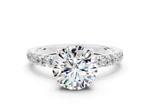 White gold Round Cut Moissanite Pave Band Solitaire Ring with Four-Prong Setting_12