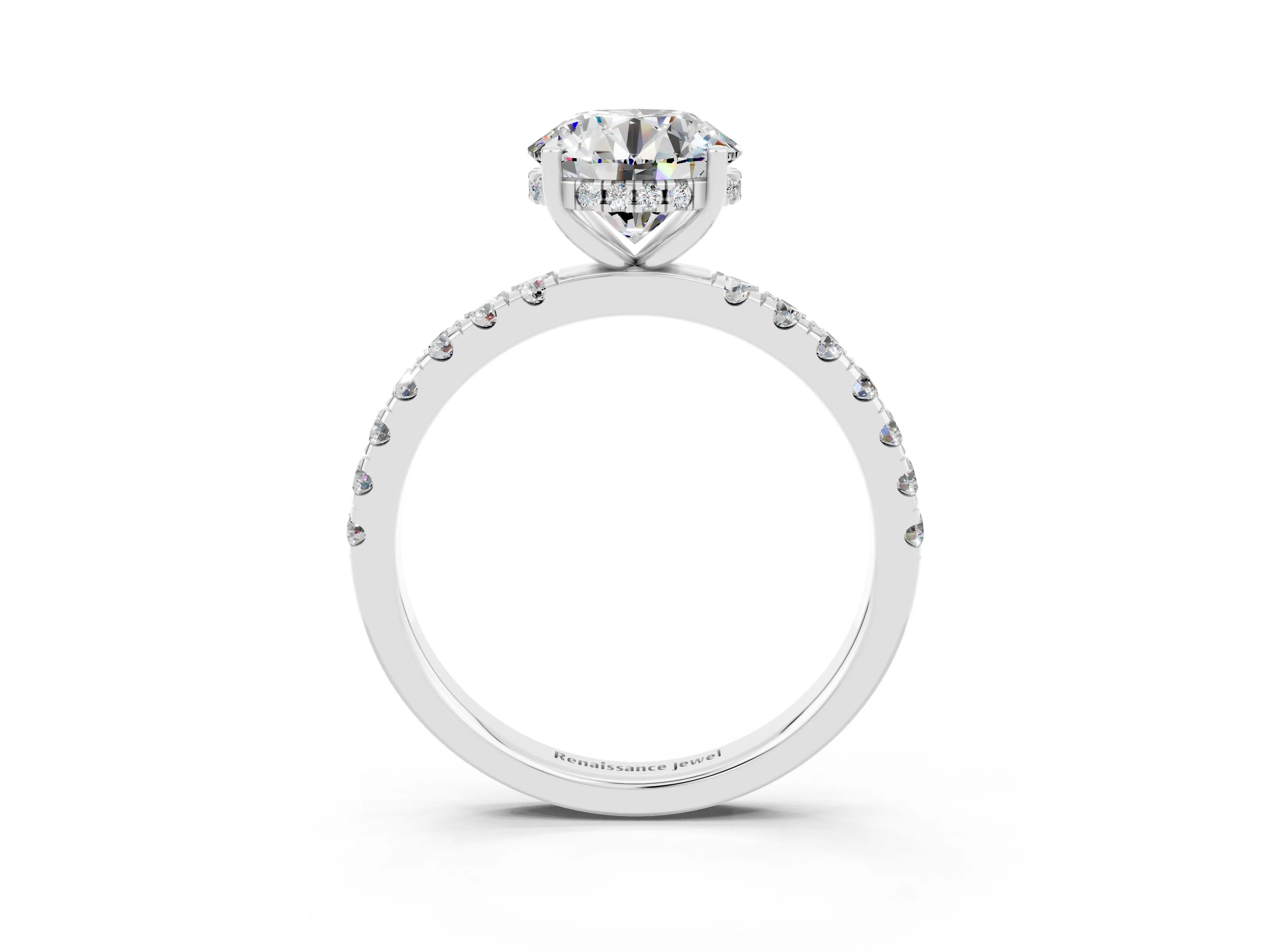 White gold Round Cut Moissanite Pave Band Solitaire Ring with Four-Prong Setting_15
