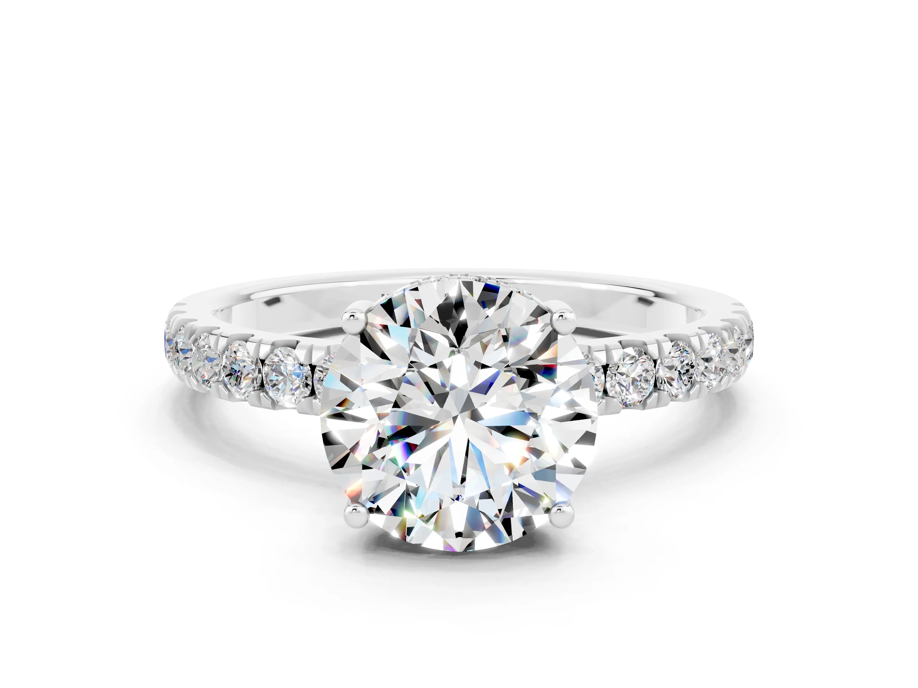 White gold Round Cut Moissanite Pave Band Solitaire Ring with Four-Prong Setting_24