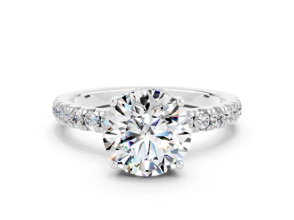 White gold Round Cut Moissanite Pave Band Solitaire Ring with Round  and Prong Setting