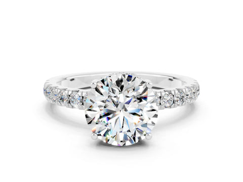 White gold Round Cut Moissanite Pave Band Solitaire Ring with Four-Prong Setting_24