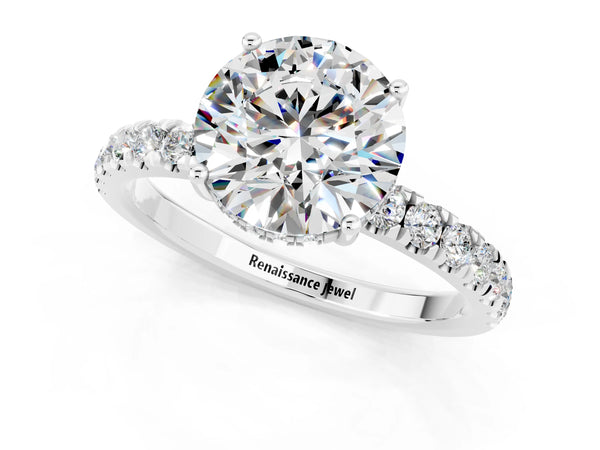 Silver Round Cut Moissanite Pave Band Solitaire Ring with Round  and Prong Setting