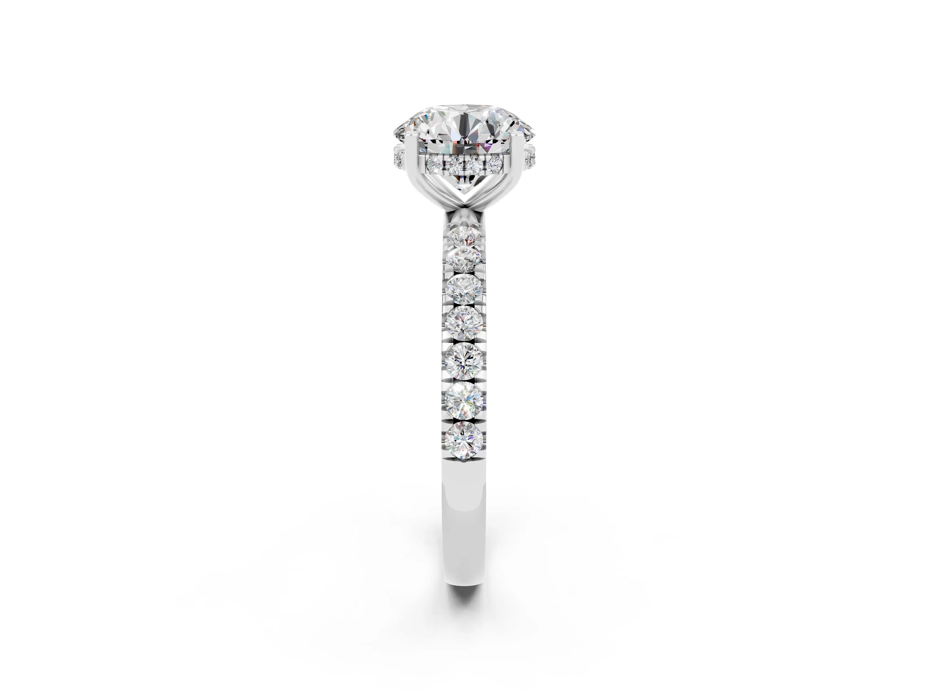 White gold Round Cut Moissanite Pave Band Solitaire Ring with Four-Prong Setting_26