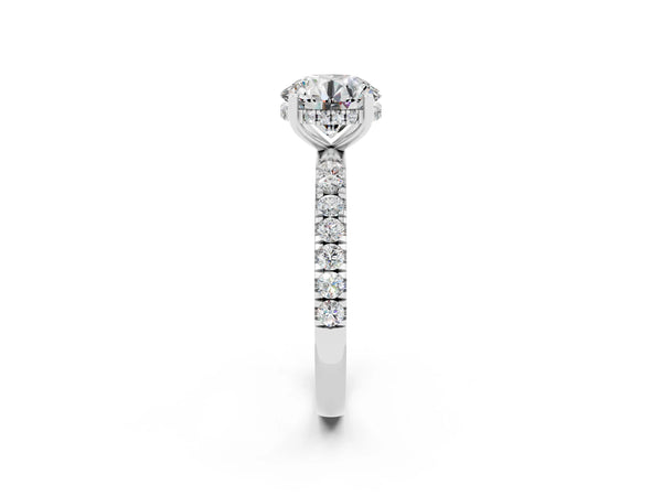 White gold Round Cut Moissanite Pave Band Solitaire Ring with Round  and Prong Setting