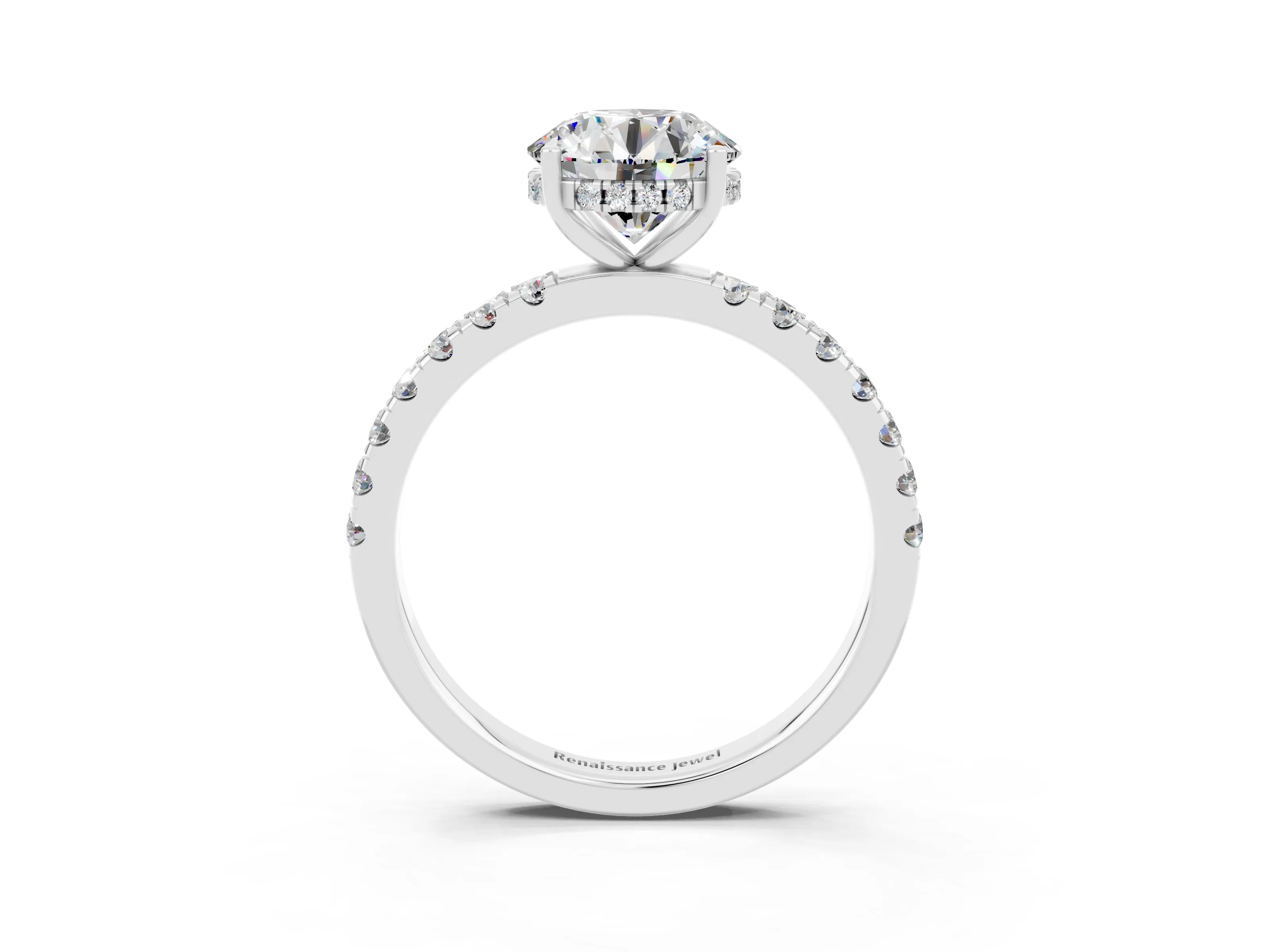 White gold Round Cut Moissanite Pave Band Solitaire Ring with Four-Prong Setting_27