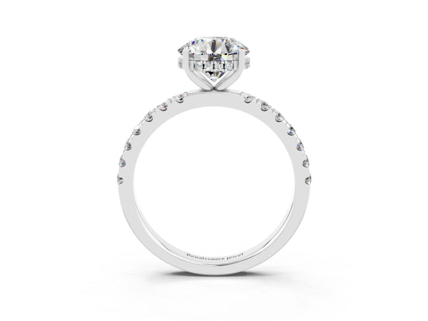 Platinum Round Cut Moissanite Pave Band Solitaire Ring with Round  and Prong Setting