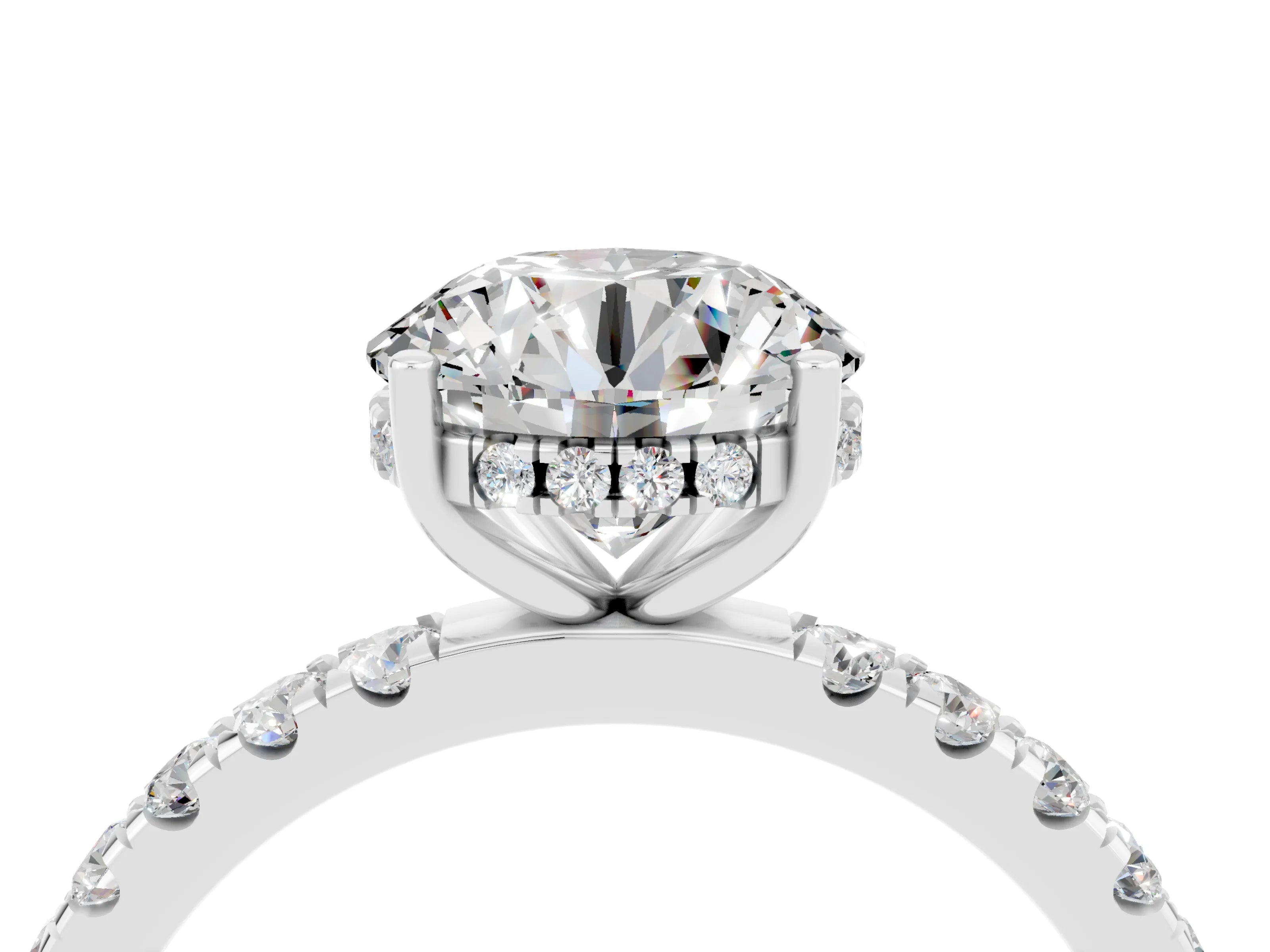White gold Round Cut Moissanite Pave Band Solitaire Ring with Four-Prong Setting_28