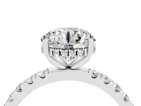 White gold Round Cut Moissanite Pave Band Solitaire Ring with Four-Prong Setting_28