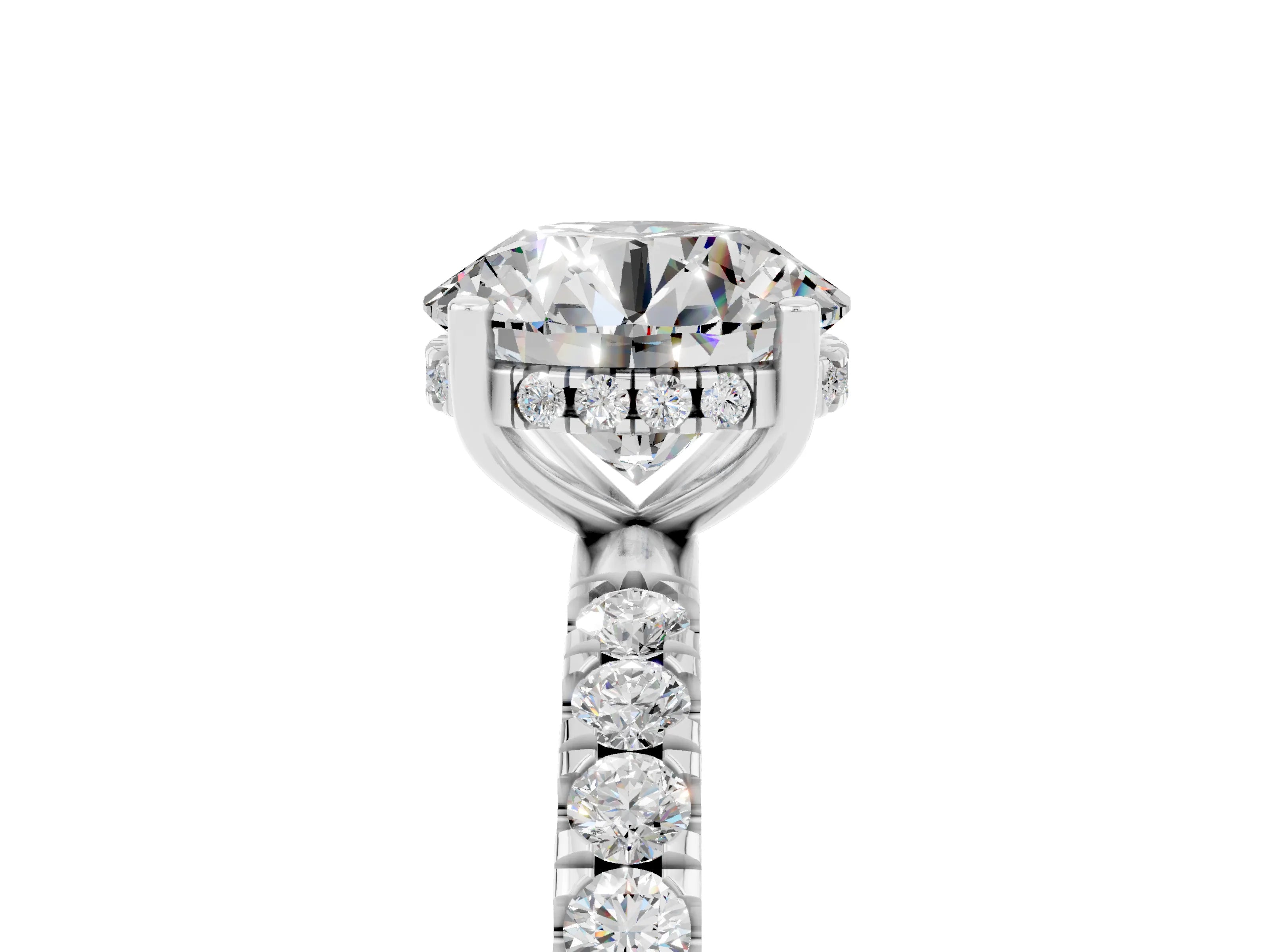 White gold Round Cut Moissanite Pave Band Solitaire Ring with Four-Prong Setting_29