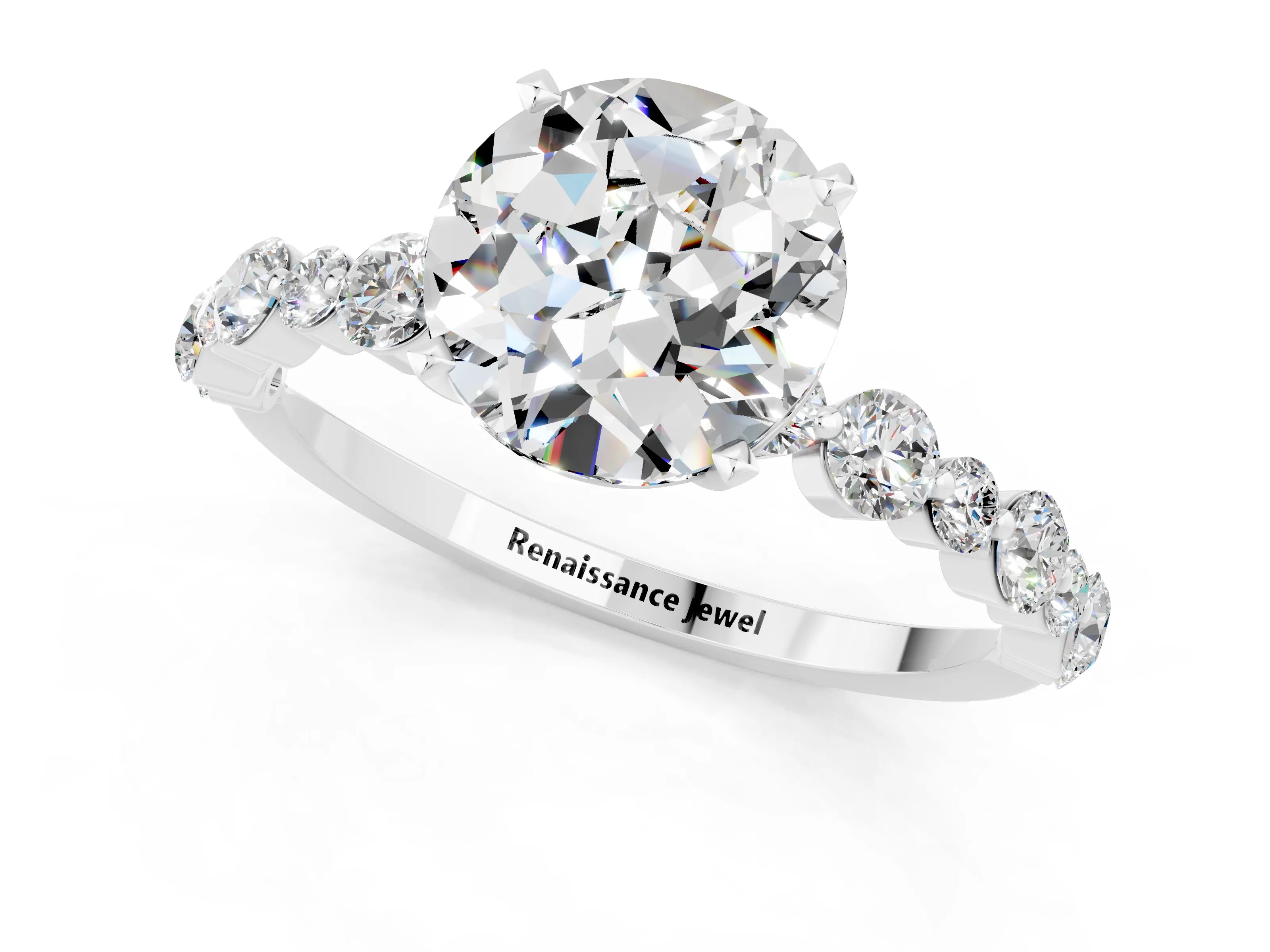 White gold Round Cut Moissanite Prong Set Engagement Ring with Pavé Band_1