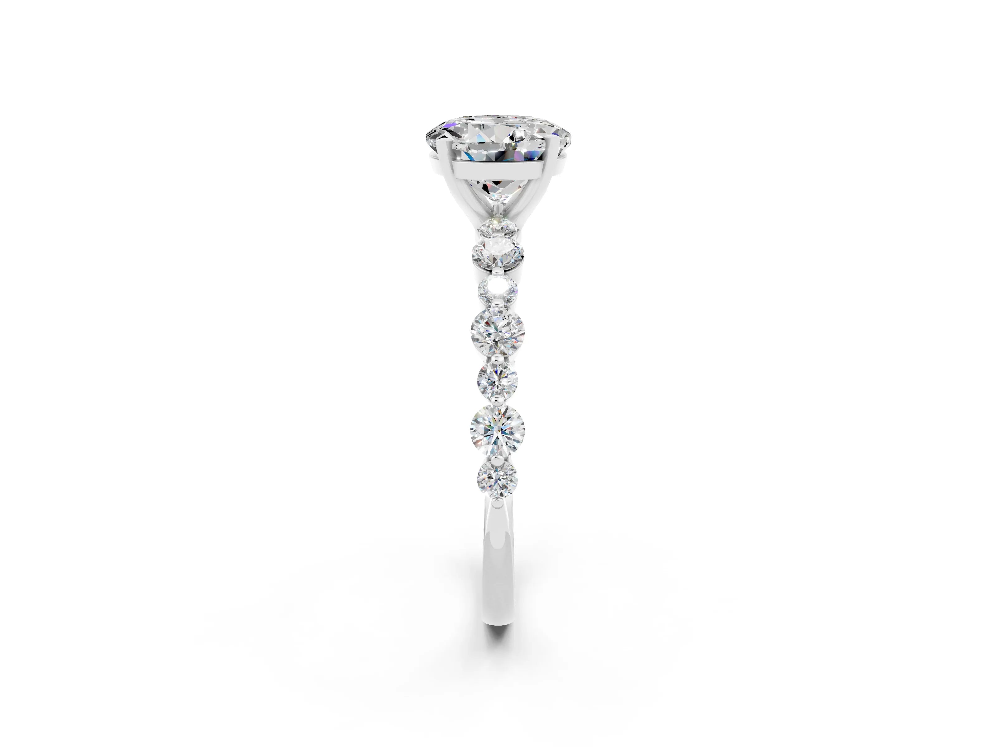 White gold Round Cut Moissanite Prong Set Engagement Ring with Pavé Band_2