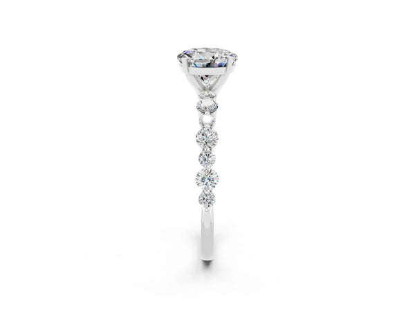 Silver Round Cut Moissanite Prong Set Engagement Ring with Pavé Band