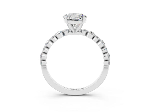 Platinum Round Cut Moissanite Prong Set Engagement Ring with Pavé Band