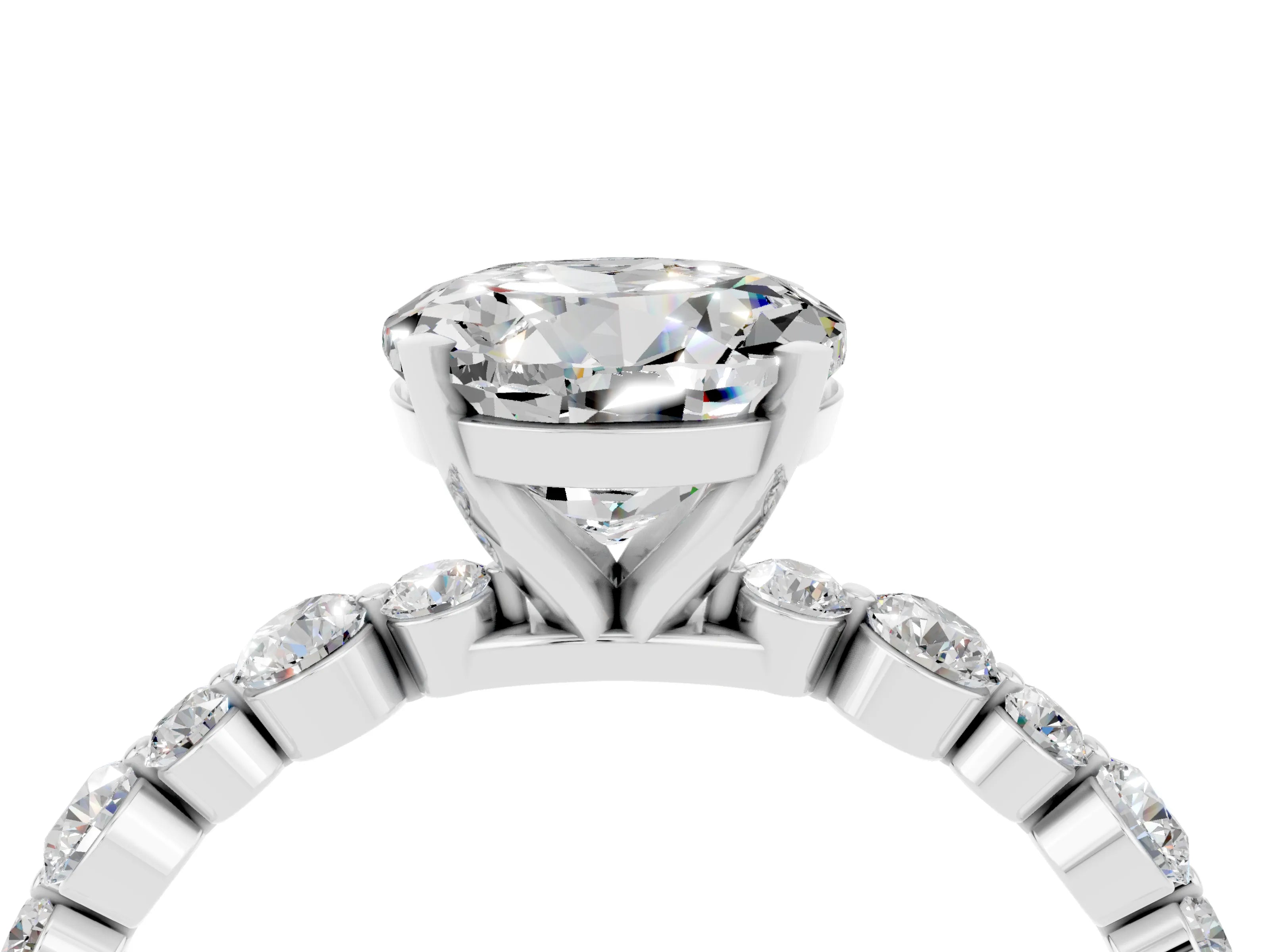 White gold Round Cut Moissanite Prong Set Engagement Ring with Pavé Band_4