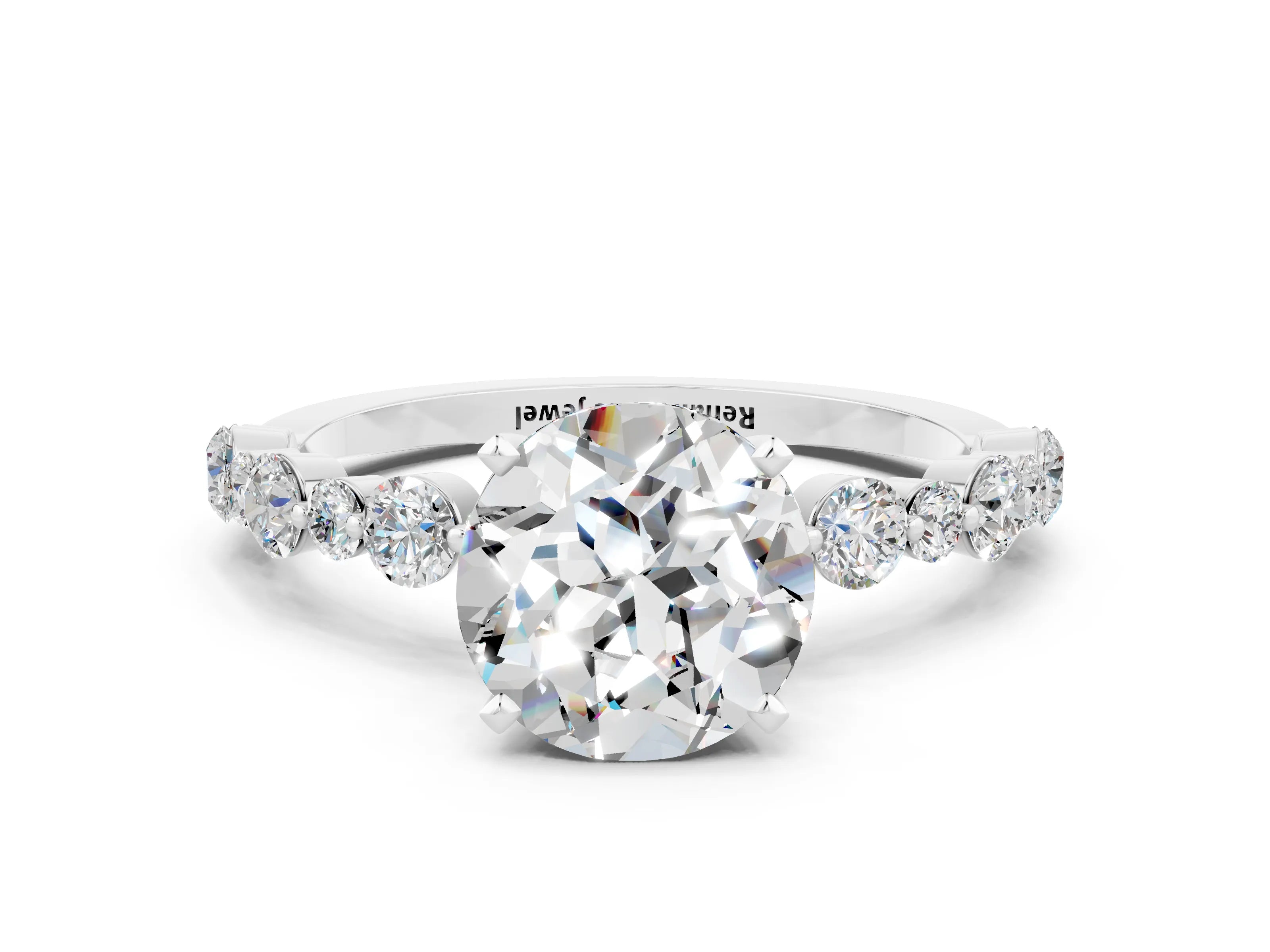 White gold Round Cut Moissanite Prong Set Engagement Ring with Pavé Band