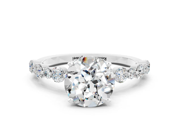 Silver Round Cut Moissanite Prong Set Engagement Ring with Pavé Band