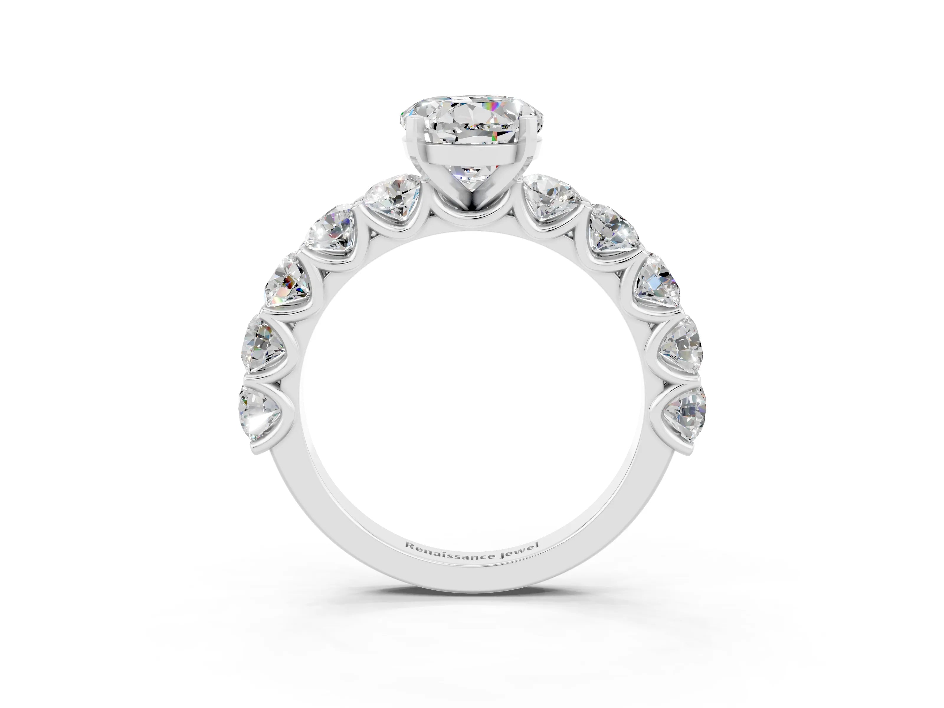 White gold Round Cut Moissanite Prong Setting with Side Stones on a Pave Band_3