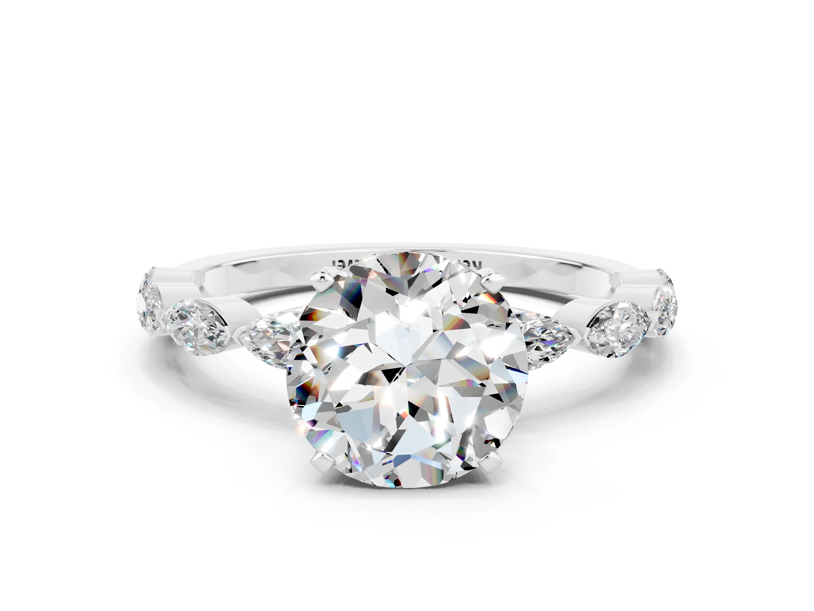 White gold Round Cut Moissanite Ring with Marquise Side Stones and Prong Setting