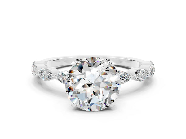 Platinum Round Cut Moissanite Ring with Marquise Side Stones and Prong Setting