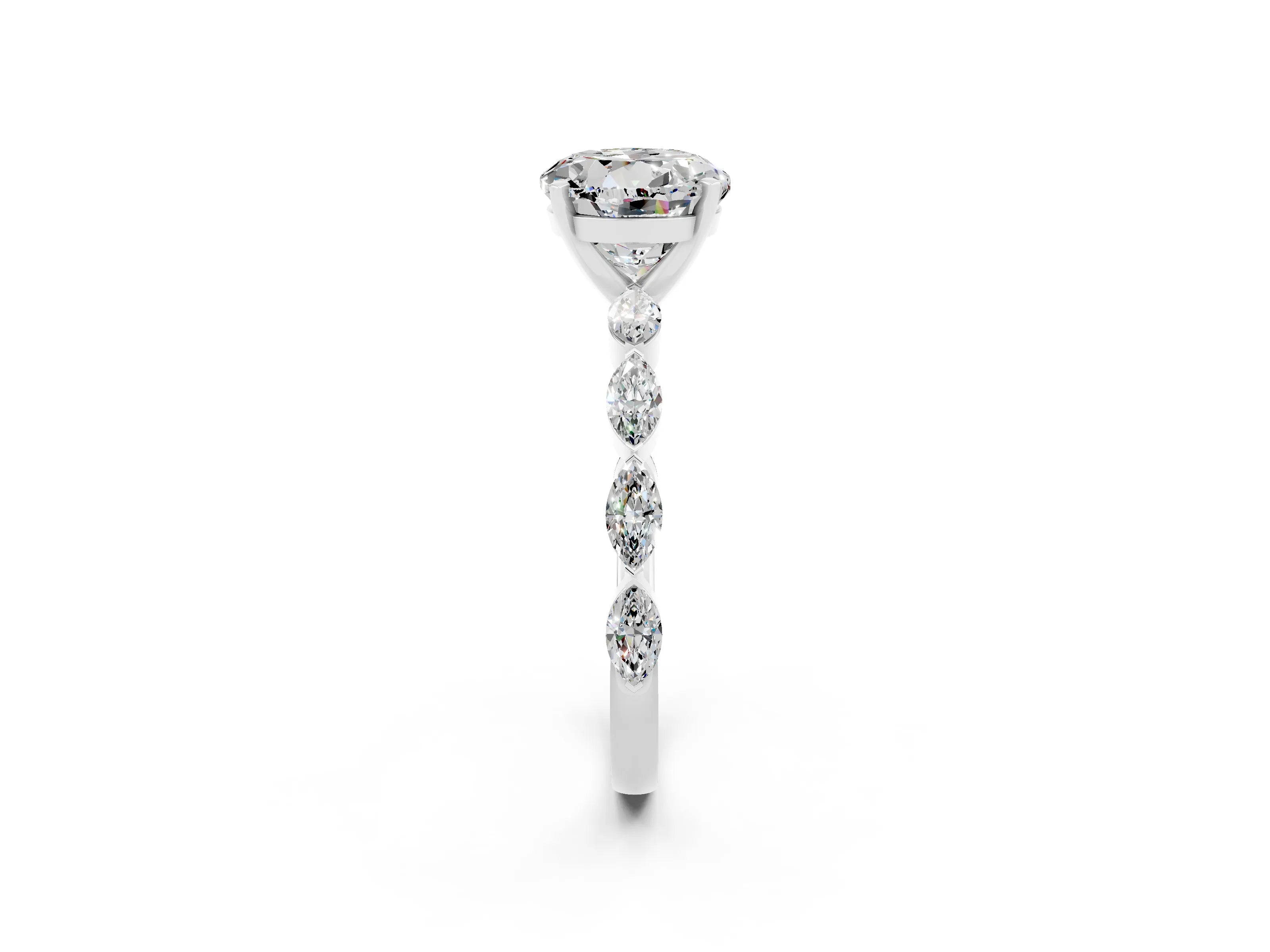 White gold Round Cut Moissanite Ring with Marquise Side Stones and Prong Setting_2