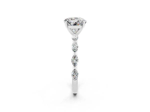 Silver Round Cut Moissanite Ring with Marquise Side Stones and Prong Setting