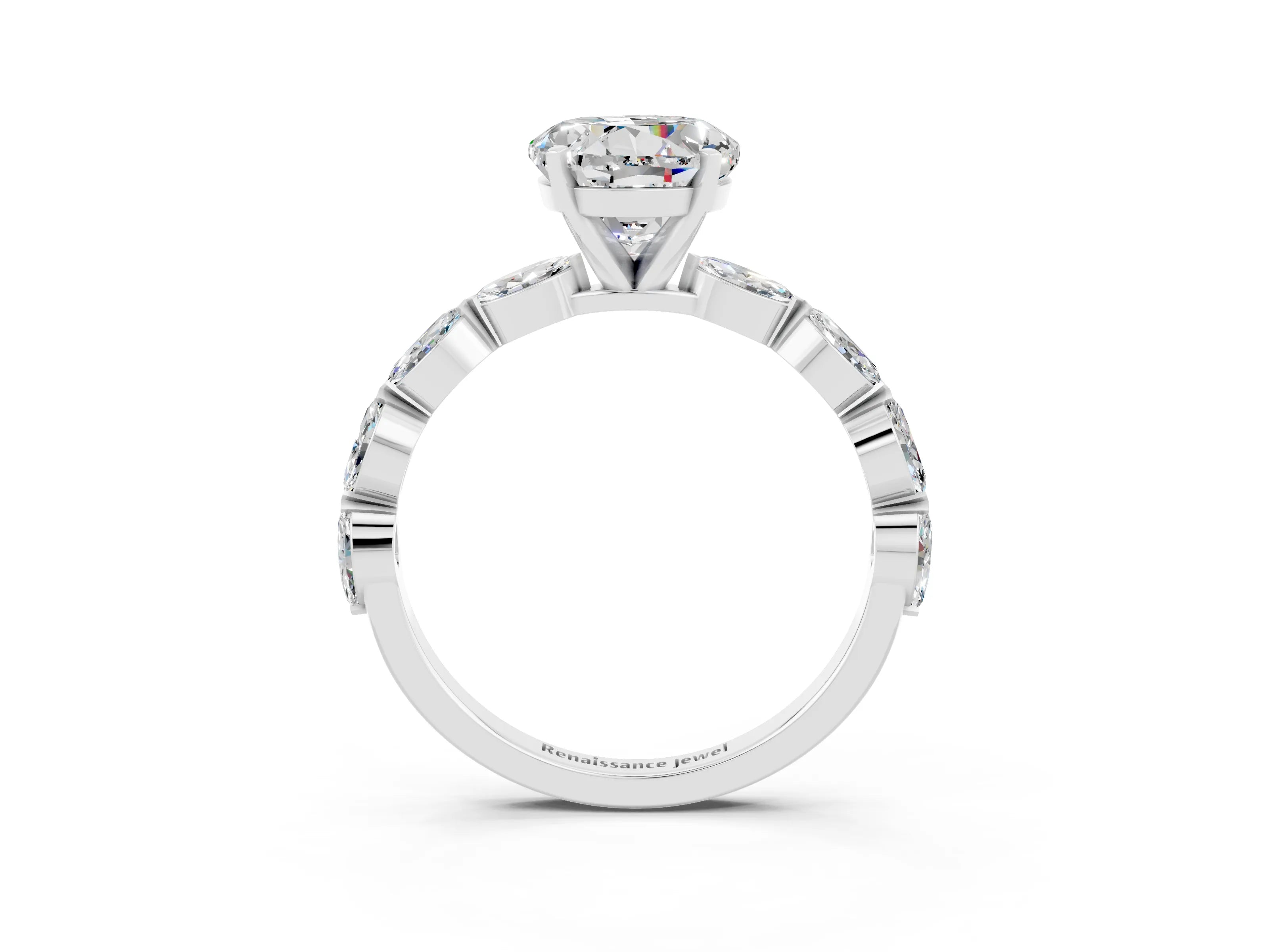 White gold Round Cut Moissanite Ring with Marquise Side Stones and Prong Setting_3