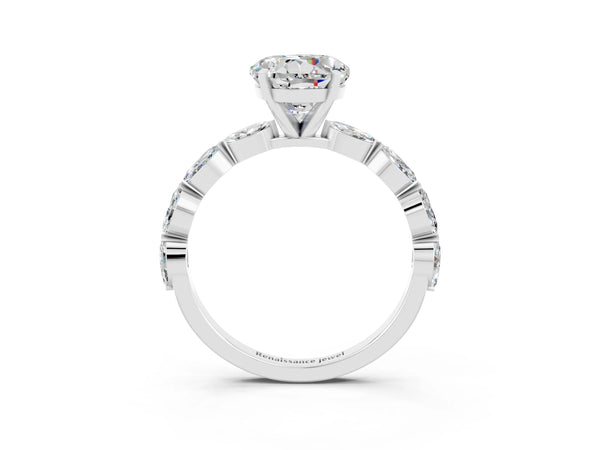 Silver Round Cut Moissanite Ring with Marquise Side Stones and Prong Setting