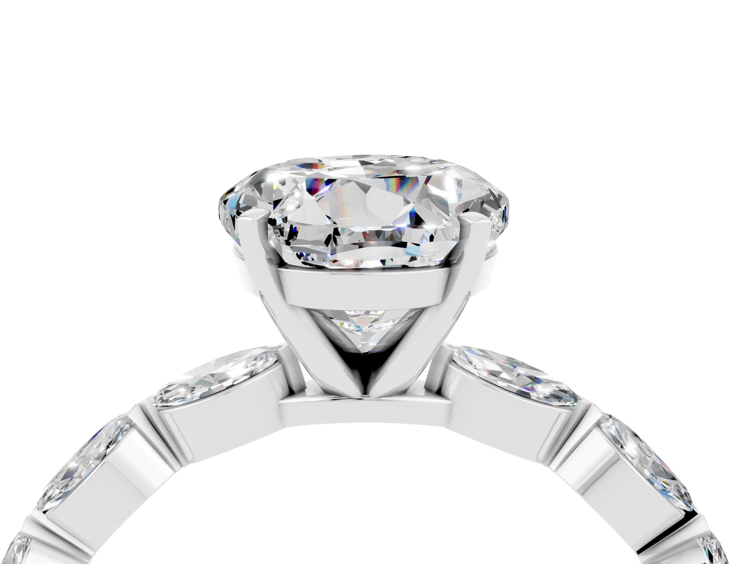 White gold Round Cut Moissanite Ring with Marquise Side Stones and Prong Setting_4