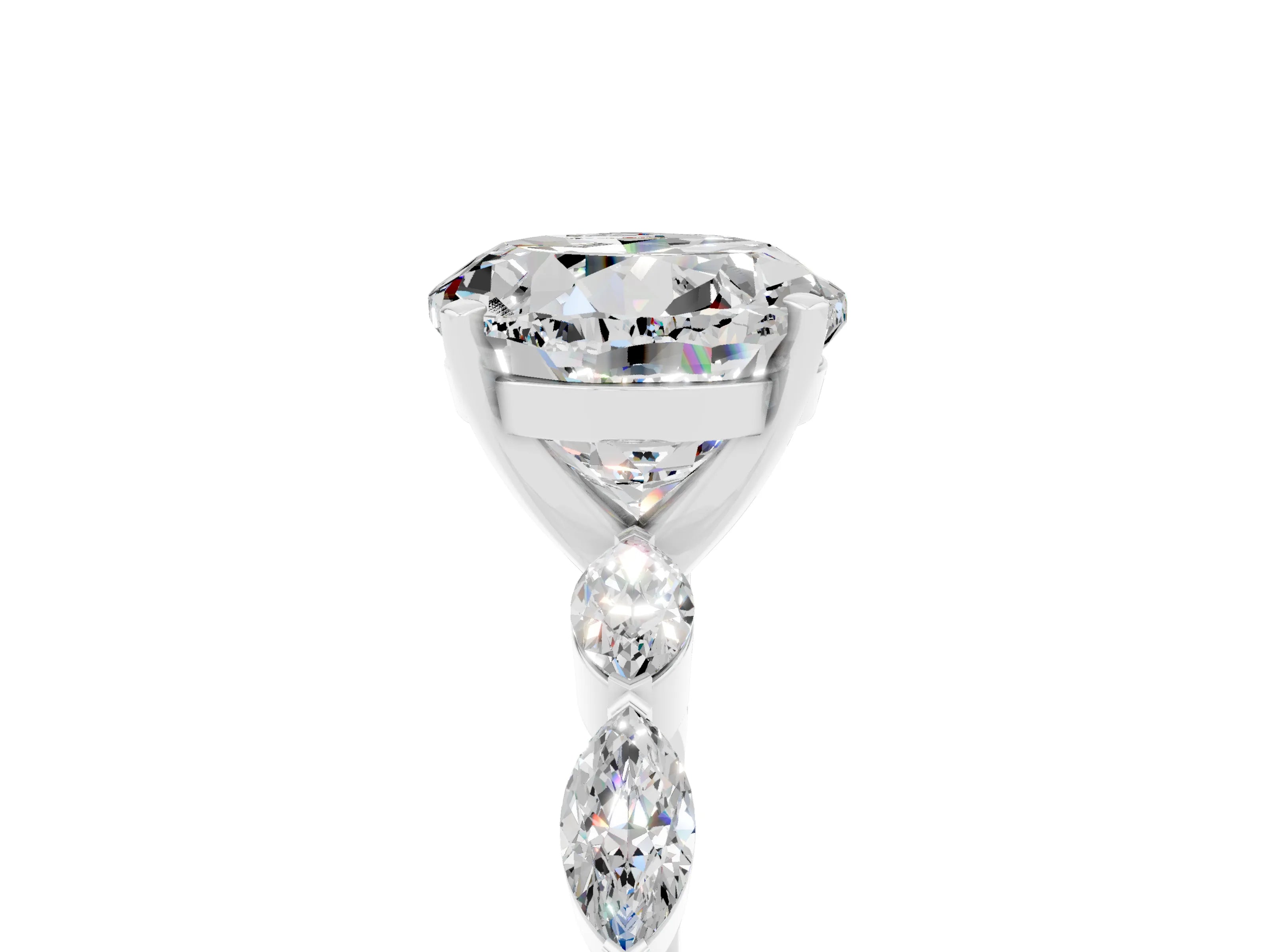 White gold Round Cut Moissanite Ring with Marquise Side Stones and Prong Setting_5