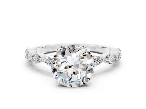White gold Round Cut Moissanite Ring with Marquise Side Stones and Prong Setting